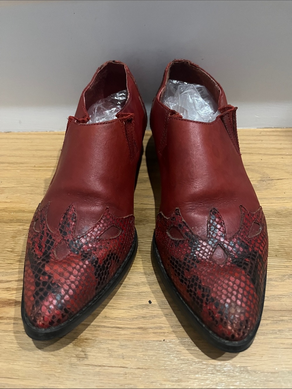 Men's Red Leather Slip-On Derby with Snakeskin Toe Detail